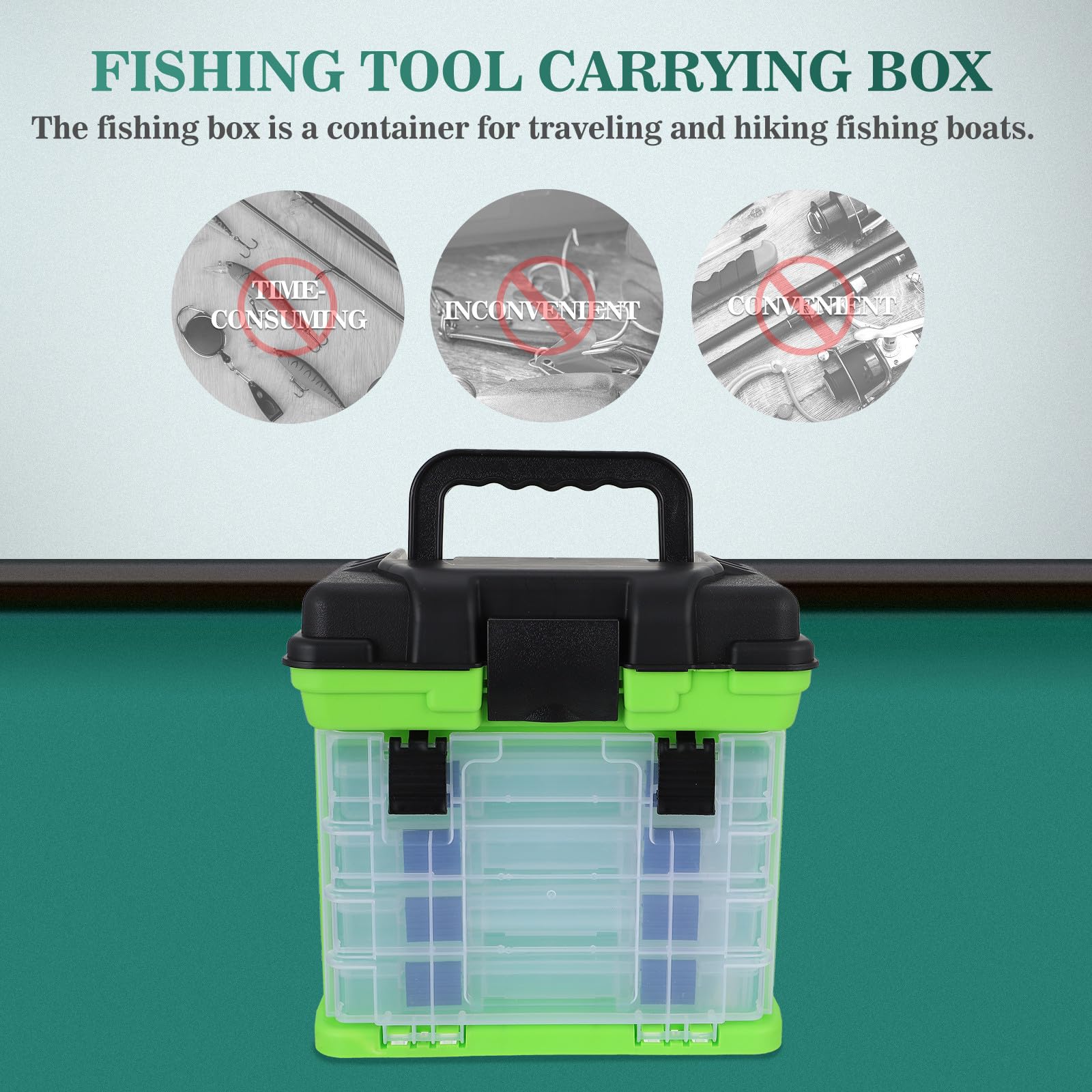 Hohopeti Boîte de Rangement Grosse Capacité pour Outils de Pêche Protection Optimale en Plastique Vert 4 Couches et Poignée Portable Pêche en Mer