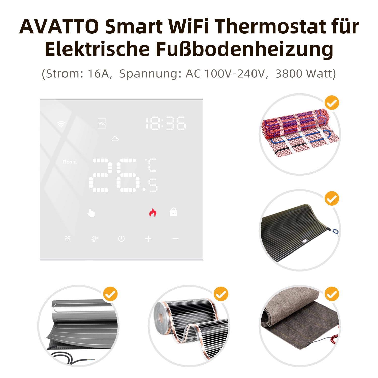 AVATTO Termostat do elektrycznego ogrzewania podłogowego, inteligentny termostat WiFi, programowalny, termostat pokojowy, kompatybilny z Alexa, Google Home i aplikacją Smart Life, pilot zdalnego
