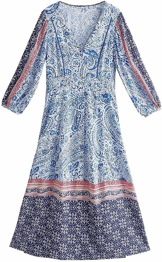 Machengxixlyq レディースファッション 女性のファッション印刷ミディドレスビンテージvネック長袖女性ドレスローブ Size Large おトク