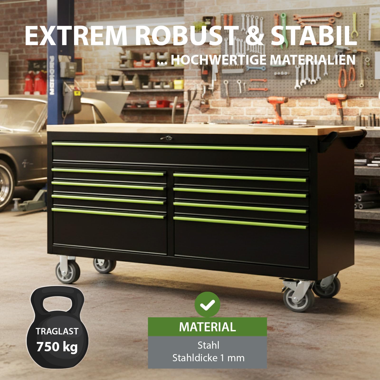TRUTZHOLM Werkstattwagen Star XXL unbestückt, Profi Werkzeugwagen mit 9 kugelgelagerten Schubladen, 750 kg Traglast, 35 mm Hartholz-Arbeitsplatte, abschließbar, rollbar mit Feststellbremsen