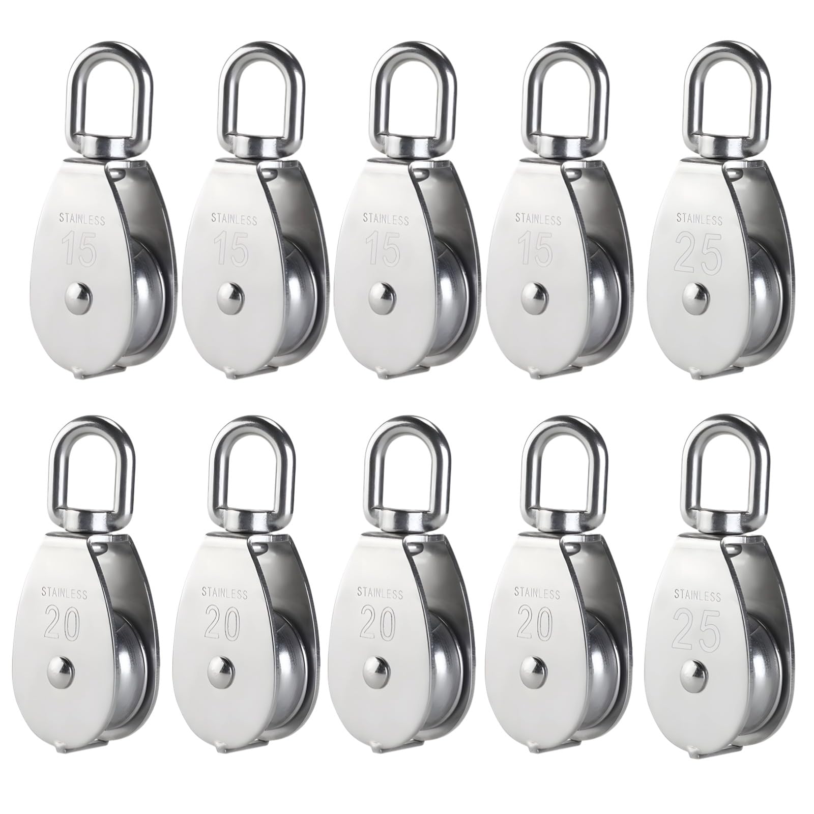 Packool Stainless Steel Single Sheave Pulley System (M15/M20/M25), 360° Swivel Lifting Pulleys for Wire Rope, Great for Kayak Hoist, Shade Sail, Home Gym Equipment, 10 Pcs Pulley Block Set