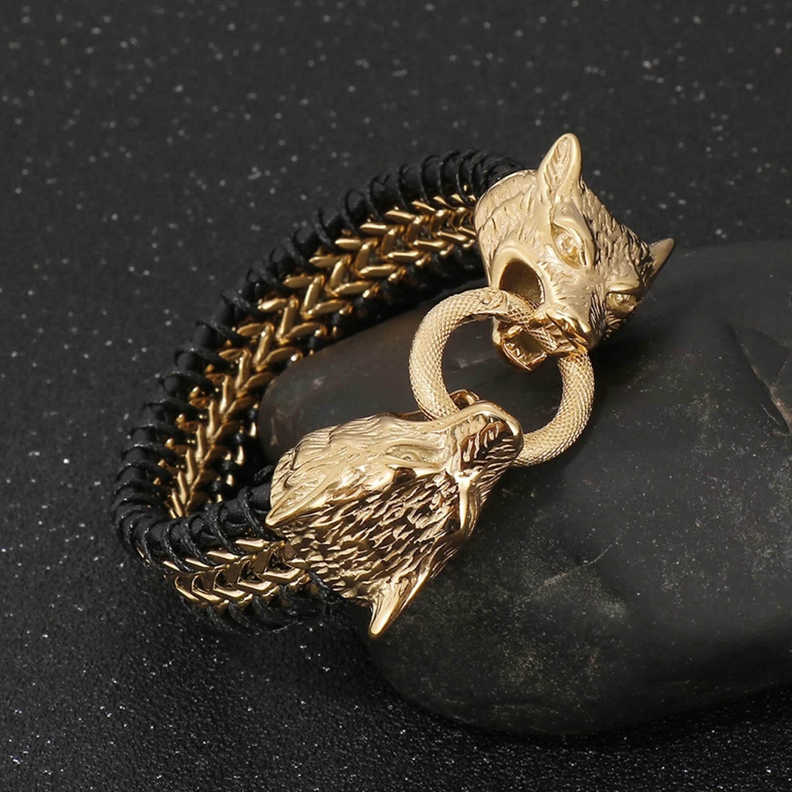 Aeici Pulsera de acero para hombre, pulsera de cuero indio para hombre, pulsera trenzada con cabeza de lobo