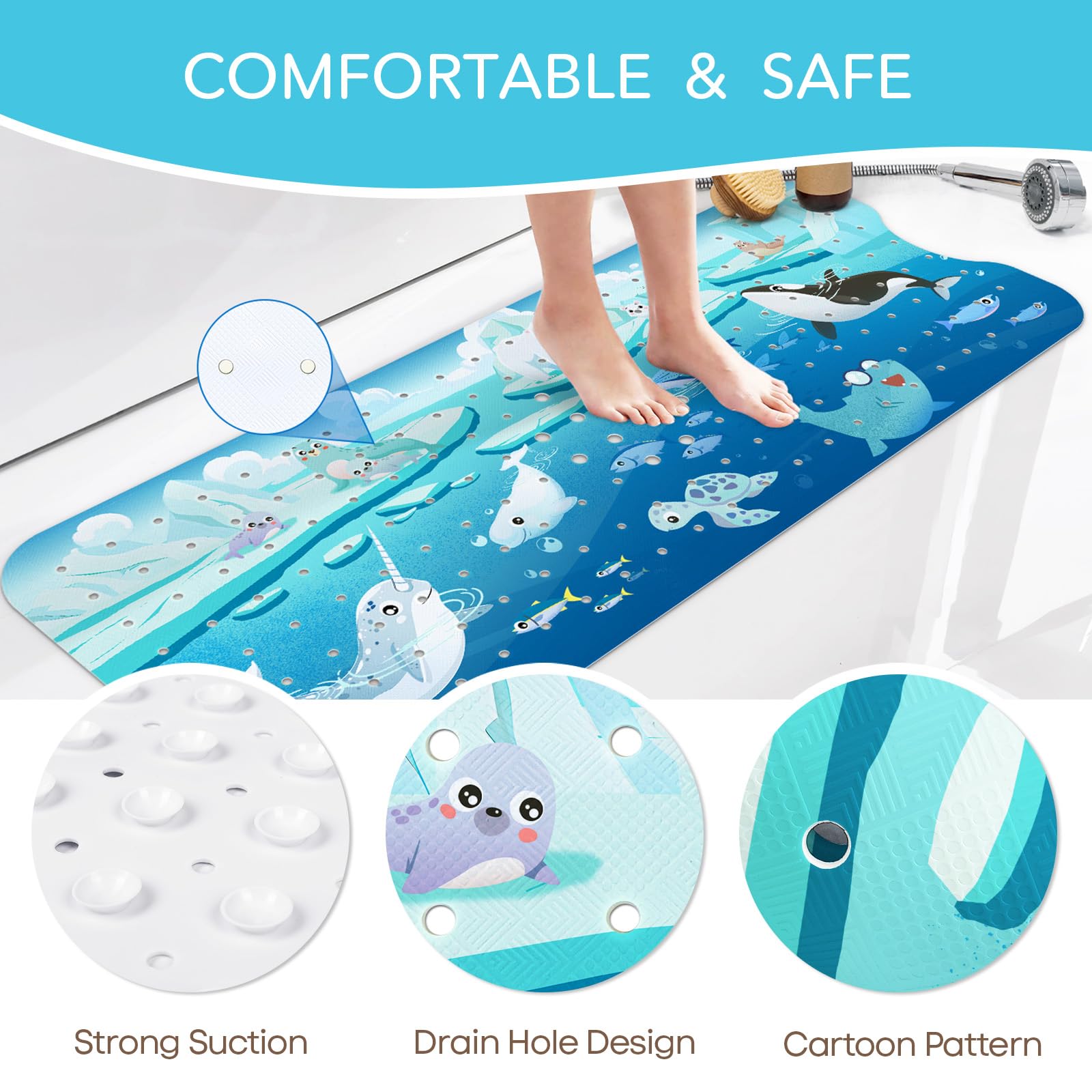 SHUCHING Badewannenmatte rutschfest Kinder, 100 X 40 cm Badematte rutschfest Kinder, Antirutschmatte Badewanne Baby 100% BPA Frei, Maschinenwaschbar, Polartier
