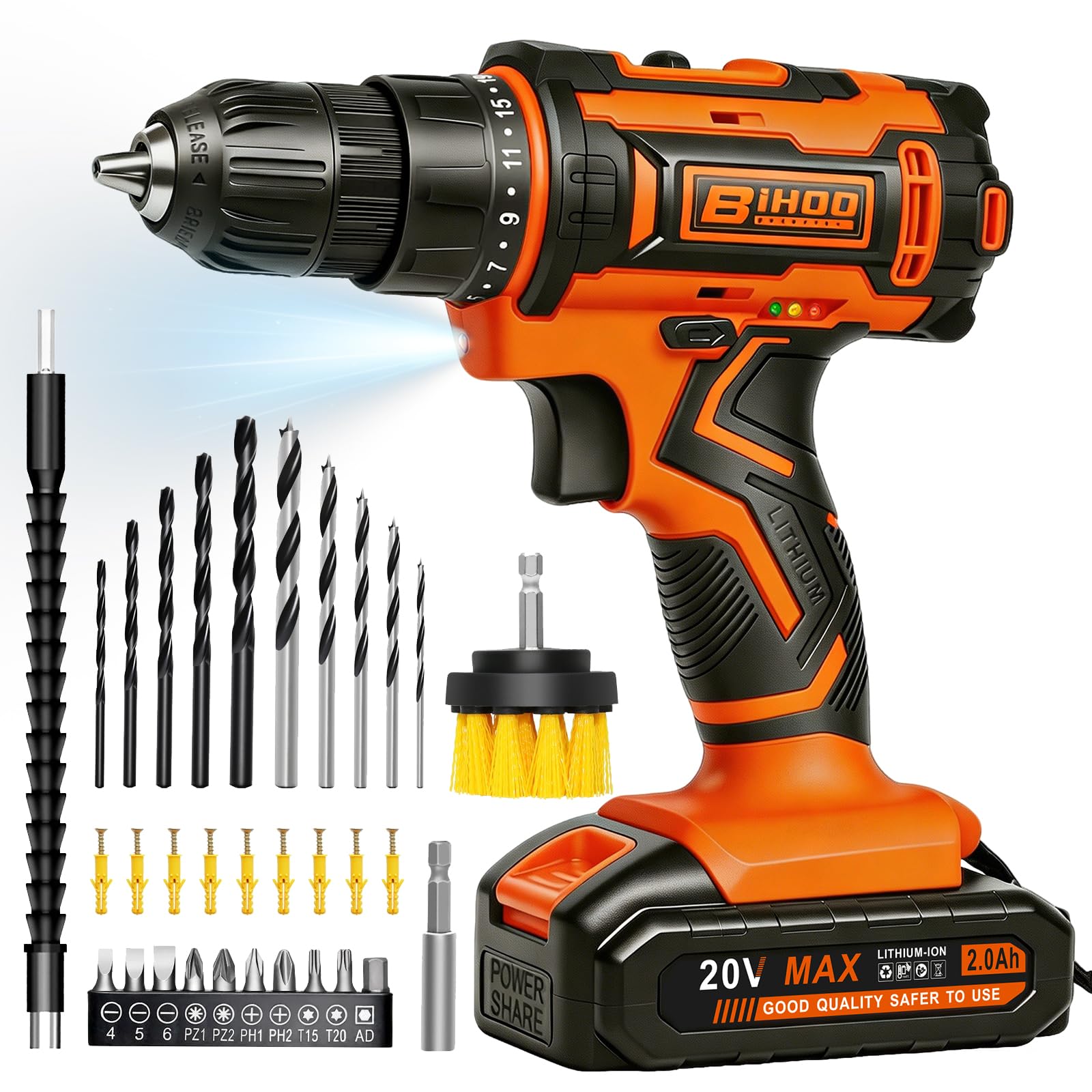 Set trapano avvitatore da 20 V, trapano senza fili con batteria e caricabatterie, kit di strumenti LED, impostazione coppia 25+1 e 43 punte