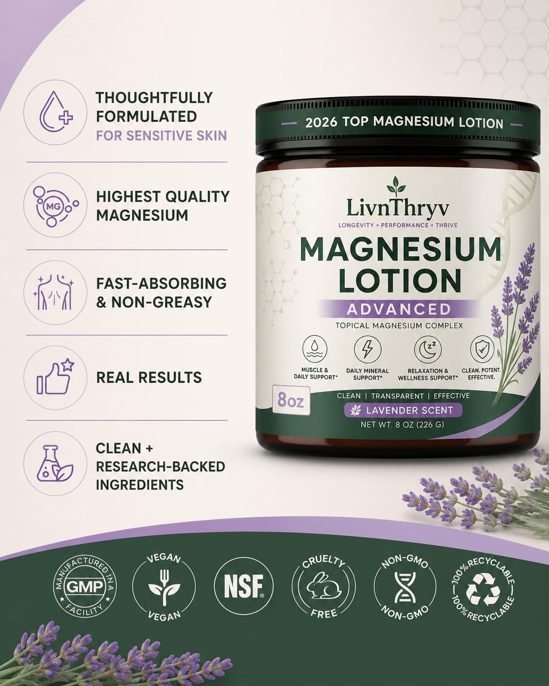 Lavender Magnesium Lotion – Hydrating Body Cream with Magnesium Chloride & Shea Butter – 8 oz image 2
