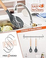 Vista 4 de Cucharas de cocina de silicona grandes, paquete de 2 cucharas antiadherentes con mango de madera maciza y ranurada, cucharas de cocina de silicona