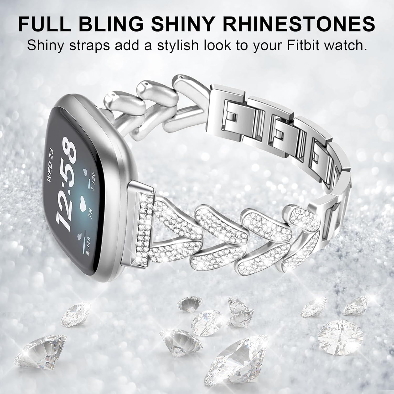 for Metal Bands, Compatible for Fitbit Versa 4/Versa 3/Fitbit Sense 2/Sense Band Smart Watch, Sparkling Bling Shiny Diamonds Bracelet for Women - Image 4