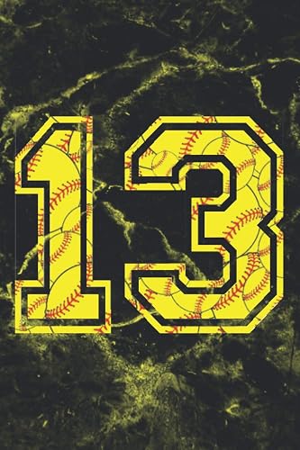 13 Journal: A Softball Jersey Number #13 Thirteen Notebook For Writing And Notes: For All Players, Coaches, Fans: Marble Yellow Red Ball Print