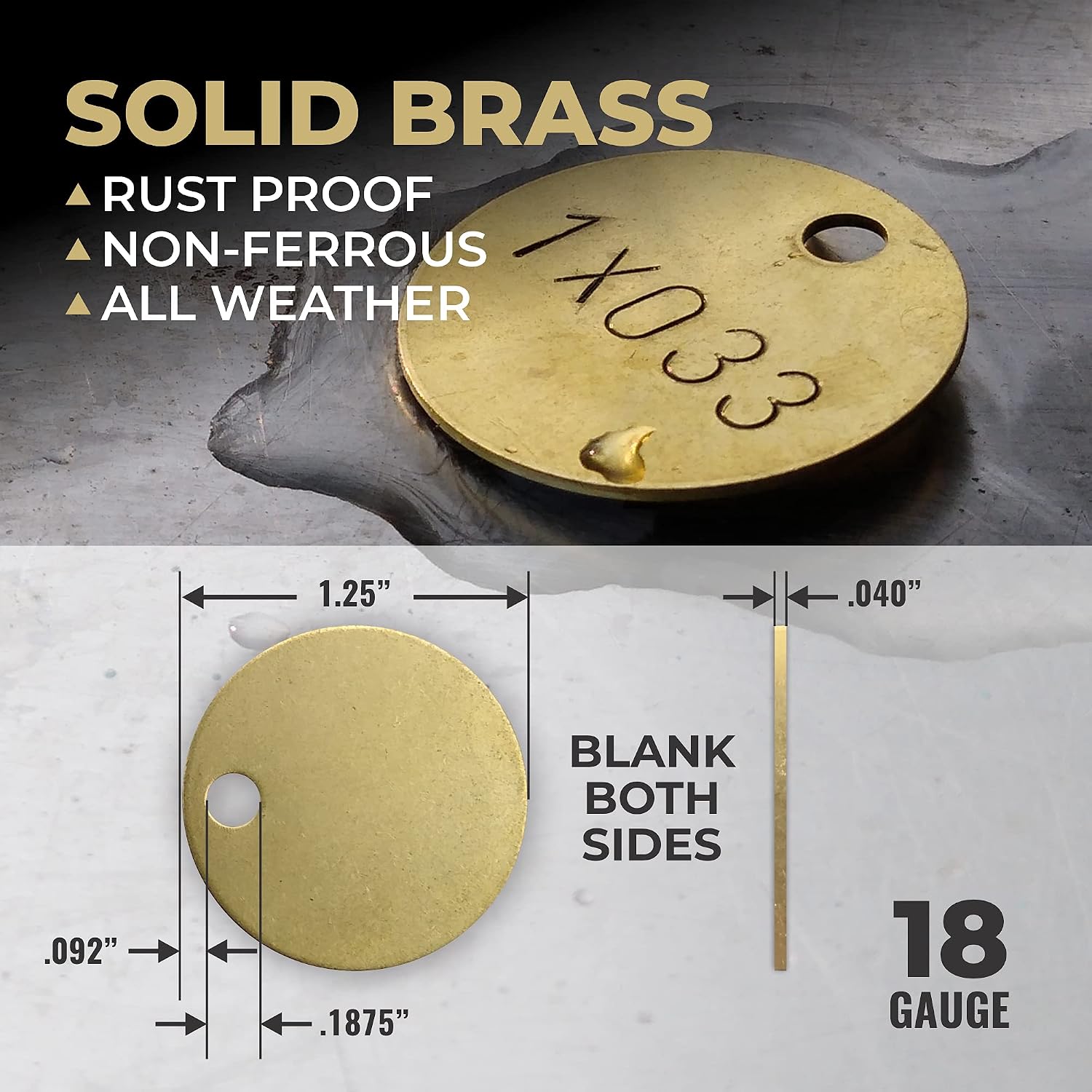 1.25” Solid Brass Tags for Stamping (50 Pack) Industrial Grade 0.040” Blank Chits for Pipe Valves, Keys, Tool and Equipment Labeling USA Made