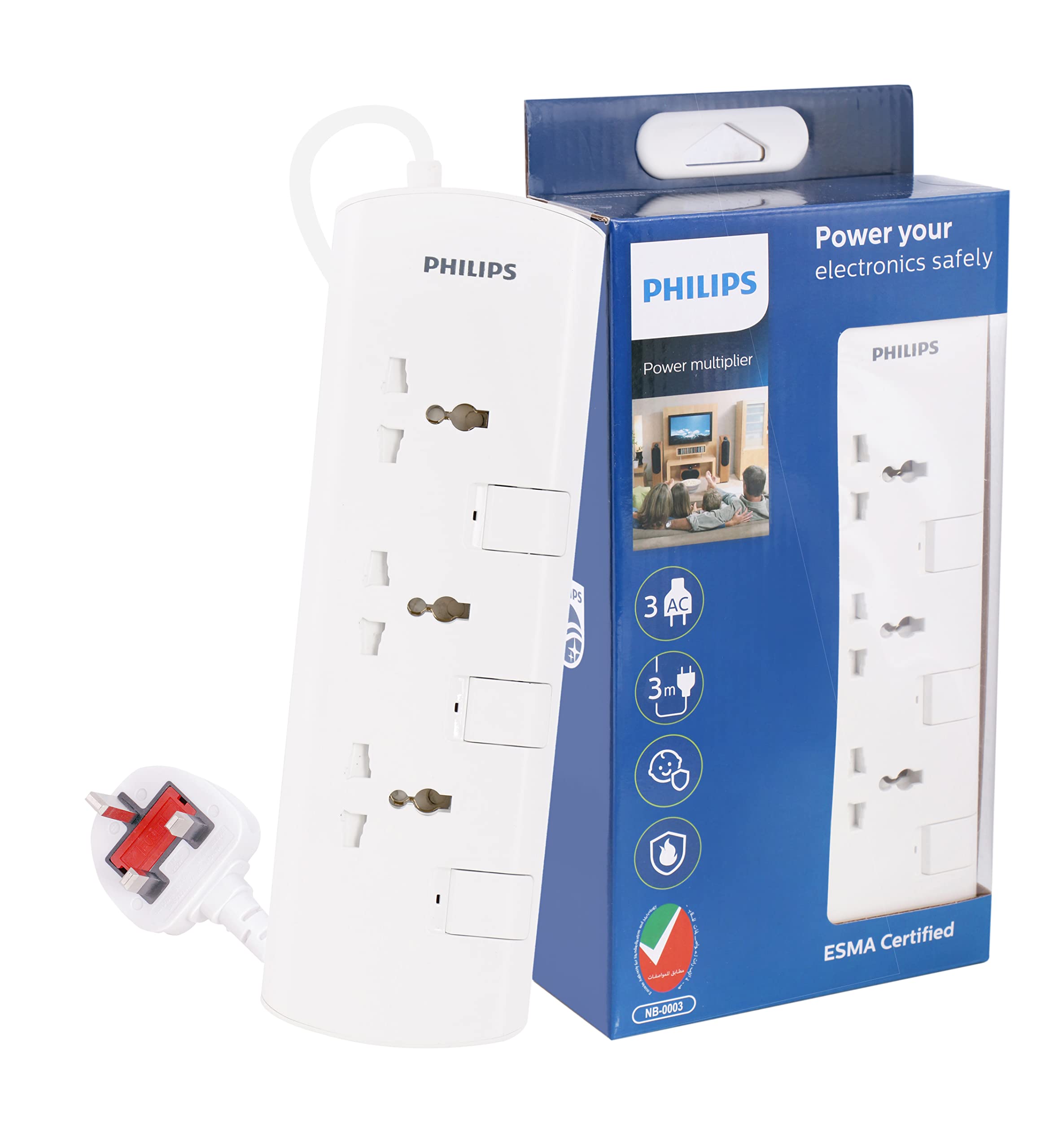 PHILIPS 3 WAY EXTENSION SOCKET WITH INDIVIDUAL SWITCH
