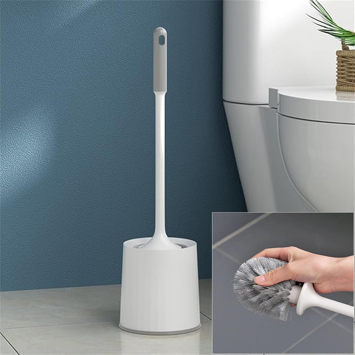 Clyton Toilet Cleaning Brush And Holder Set Free Stand Long Handle Bathroom Sleek Toilet Bowl Cleaner Brush With Stand, Pot Commode Bathroom Cleaning Scrubber Brushes Plastic Bristles Toilet Brush