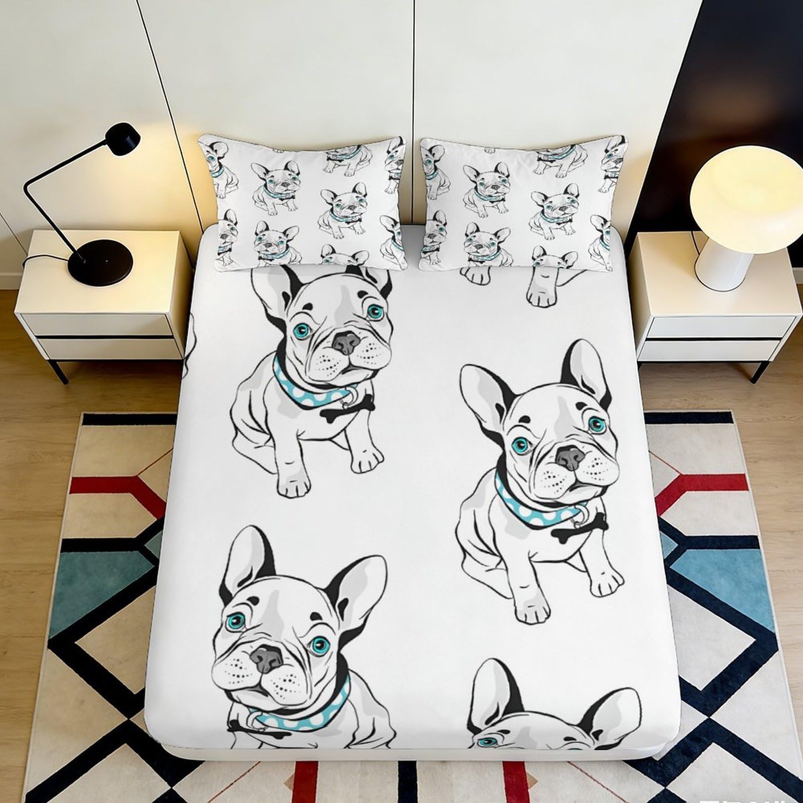 3D Printed French Bulldog Fitted Sheet Microfiber Soft Breathable Cartoon Puppy Bed Cover for Bedroom Dormitory Guest Room Mattress Protection Decor 180x200x25cm