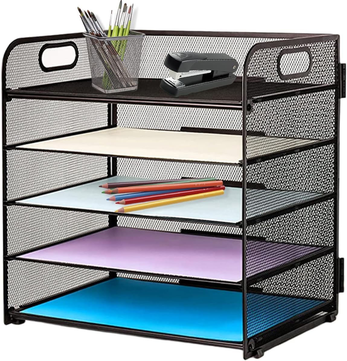 Paper Letter Tray With Handle,5-Tier Mesh Desk File Organizers,Letter Tray Organizers,Desktop Organizers Storage Rack, Multi-Layer A4 Paper File Storage Rack,Document Shelf Tray (Black)
