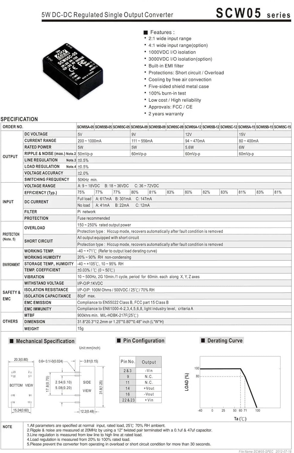 1PCS SCW05 Series 5V 12V 15V 5W SMD DC-DC Regulated Single Outpurt Converter Buit-in EMI Fliter(SCW05C-12)