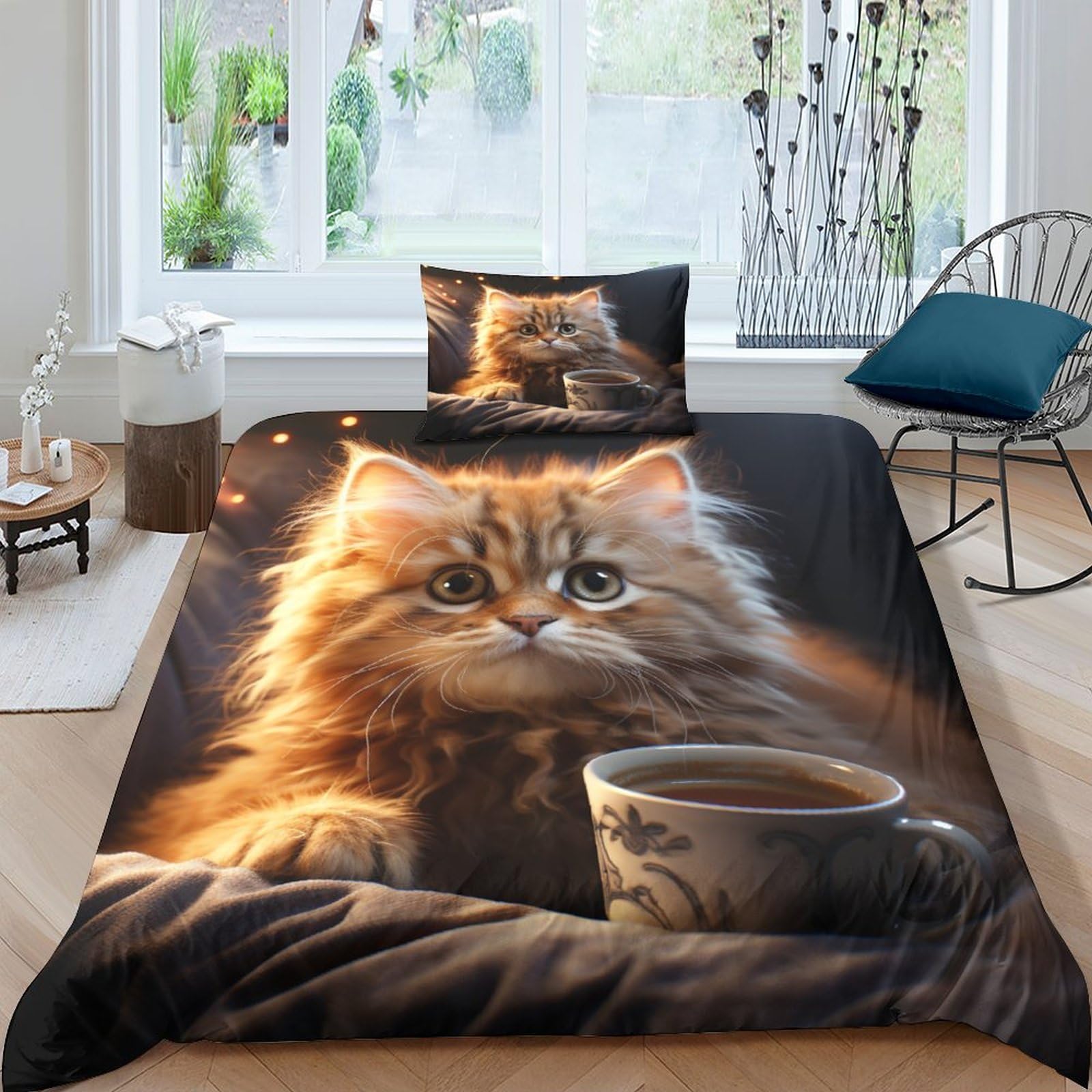 Housse de couette en microfibre parure de lit chat 3D et taie d'oreiller