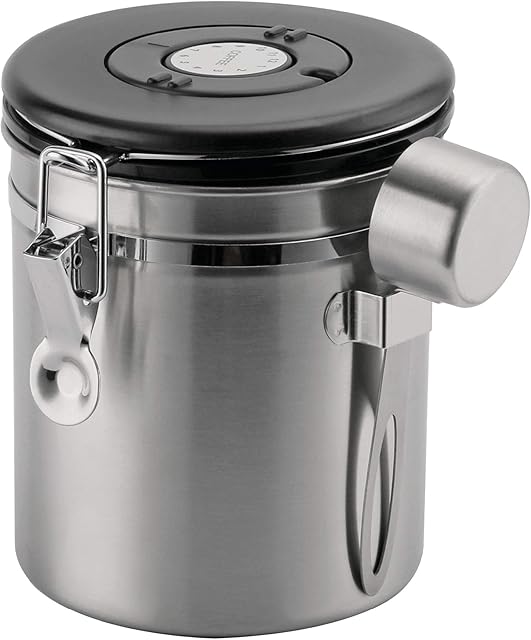 Café Olé CC-500S Stainless Steel Bean & Ground Coffee Storage Canister, 500g | Day/Date Tracking Dial, Measuring Scoop, Airtight Vacuum Seal