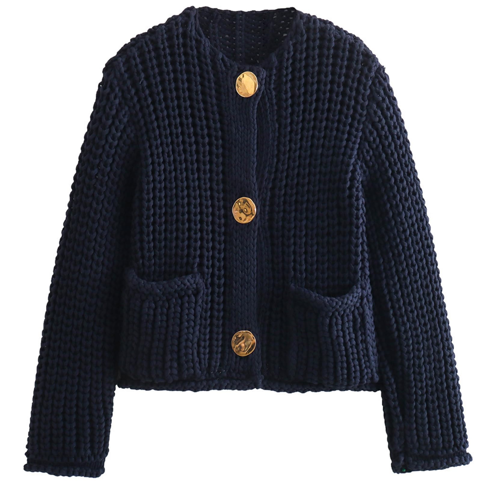 Arssm Womens Cropped Cardigan Sweaters Chunky Open Front Button Down Knit Sweater Long Sleeve Loose Cardigan Outerwear Navy-L