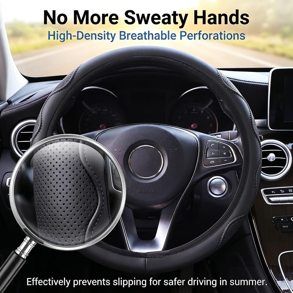 Elastic Steering Wheel Cover Black Leather Universal 14-15 inch | Car Steering Wheel Covers Stretch Microfiber Breathable Anti-Slip Durable Without Inner Ring Steering Wheel Accessories