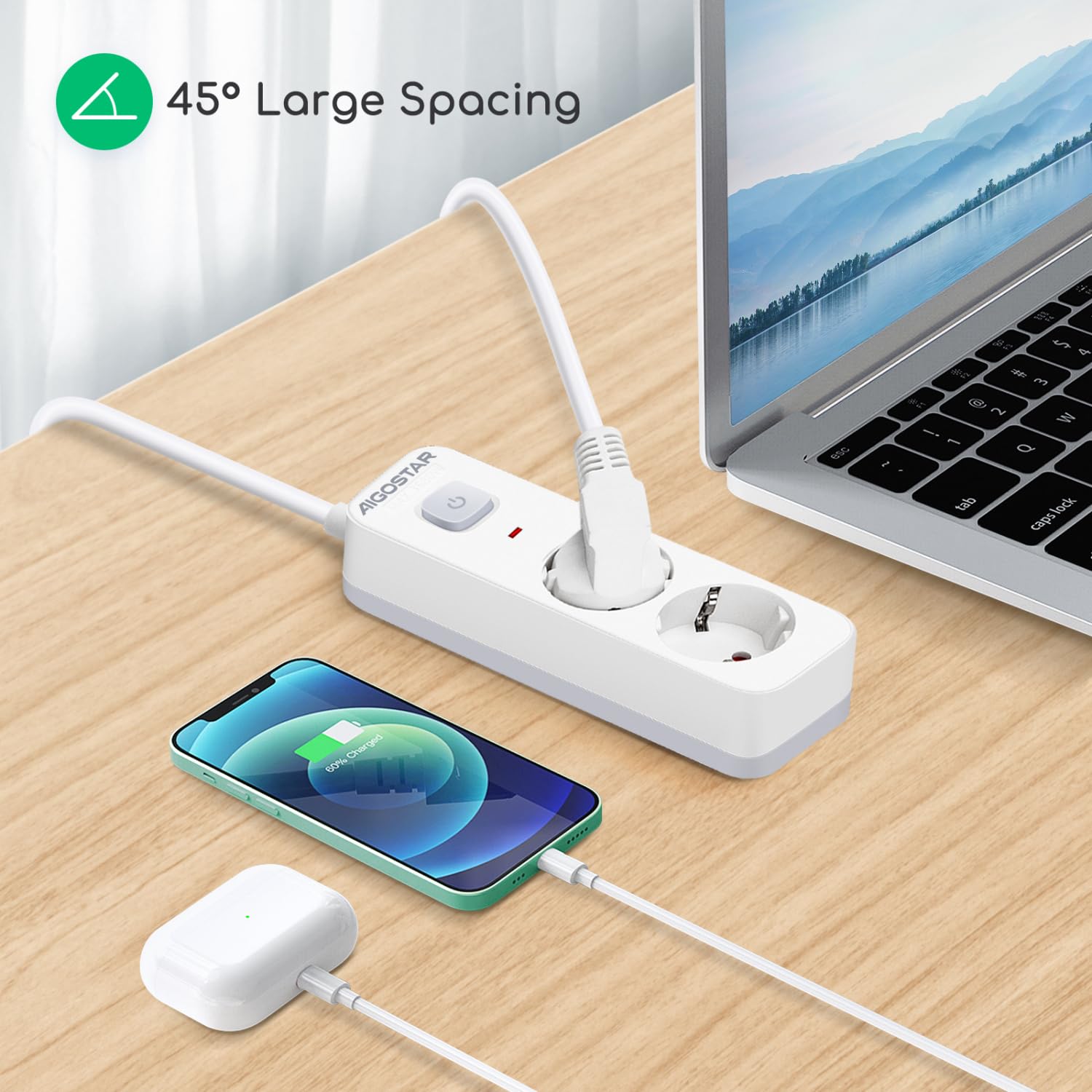 Aigostar Regleta Enchufes, Alargador Enchufe de 2 Enchufes con Interruptor, Cable de 3 Metros, Blanco — view 7