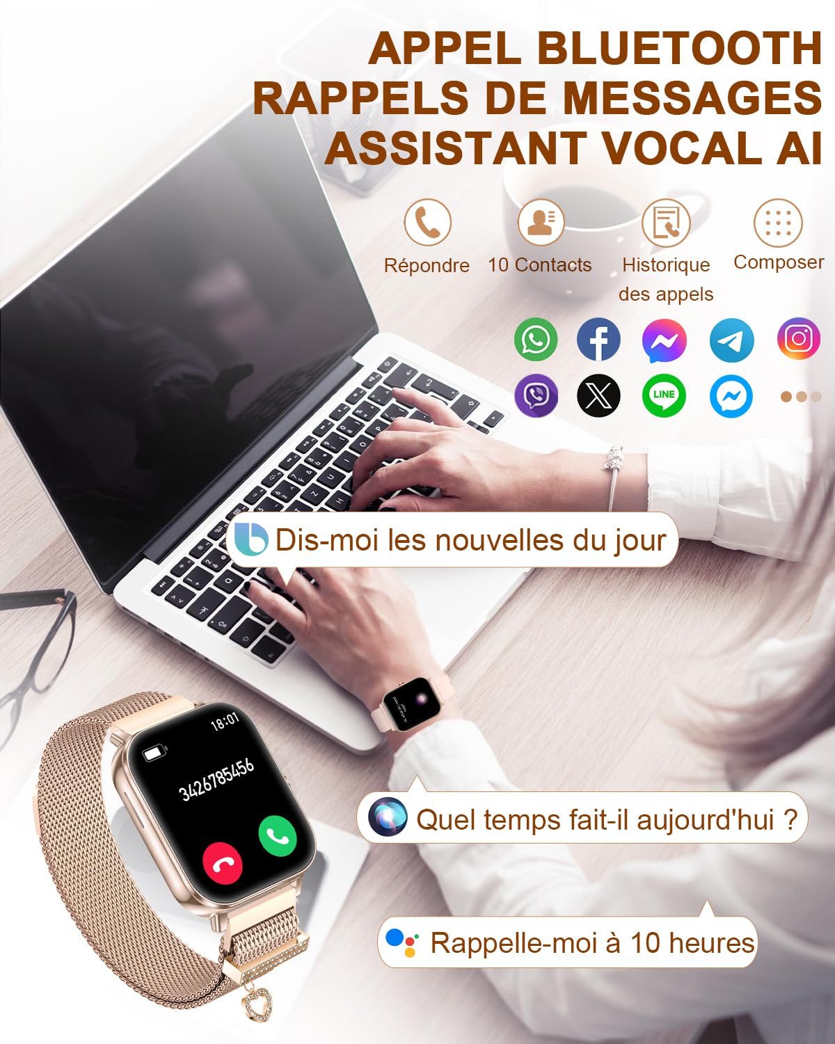 Montre Connectée Femme avec Appel 4 Bracelets Autonomie 20 Jours 1,85" Smartwatch Femme pour Samsung iPhone Android Montre Intelligente Podomètre Fréquence Cardiaque SpO2 Sommeil 100+ Sportifs