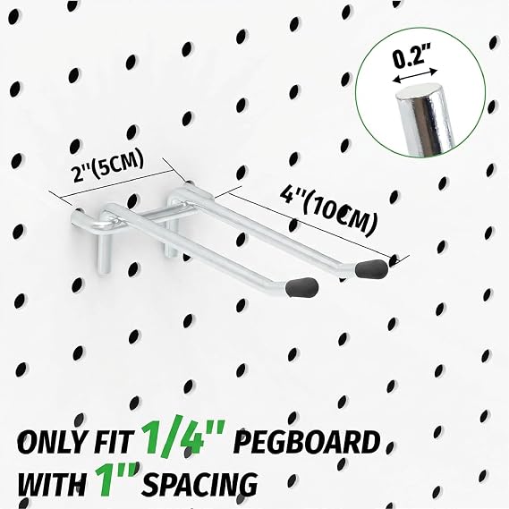 HUHOLE 10 Pack 4 Inch Double Arm Pegboard Hooks for 1/4 Peg Board | Metal Utility Holders, 40lb Garage Wall Organizer for Drills, Hammers, Mallets and Power Tools