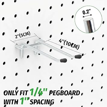 HUHOLE 10 Pack 4 Inch Double Arm Pegboard Hooks for 1/4 Peg Board | Metal Utility Holders, 40lb Garage Wall Organizer for Drills, Hammers, Mallets and Power Tools