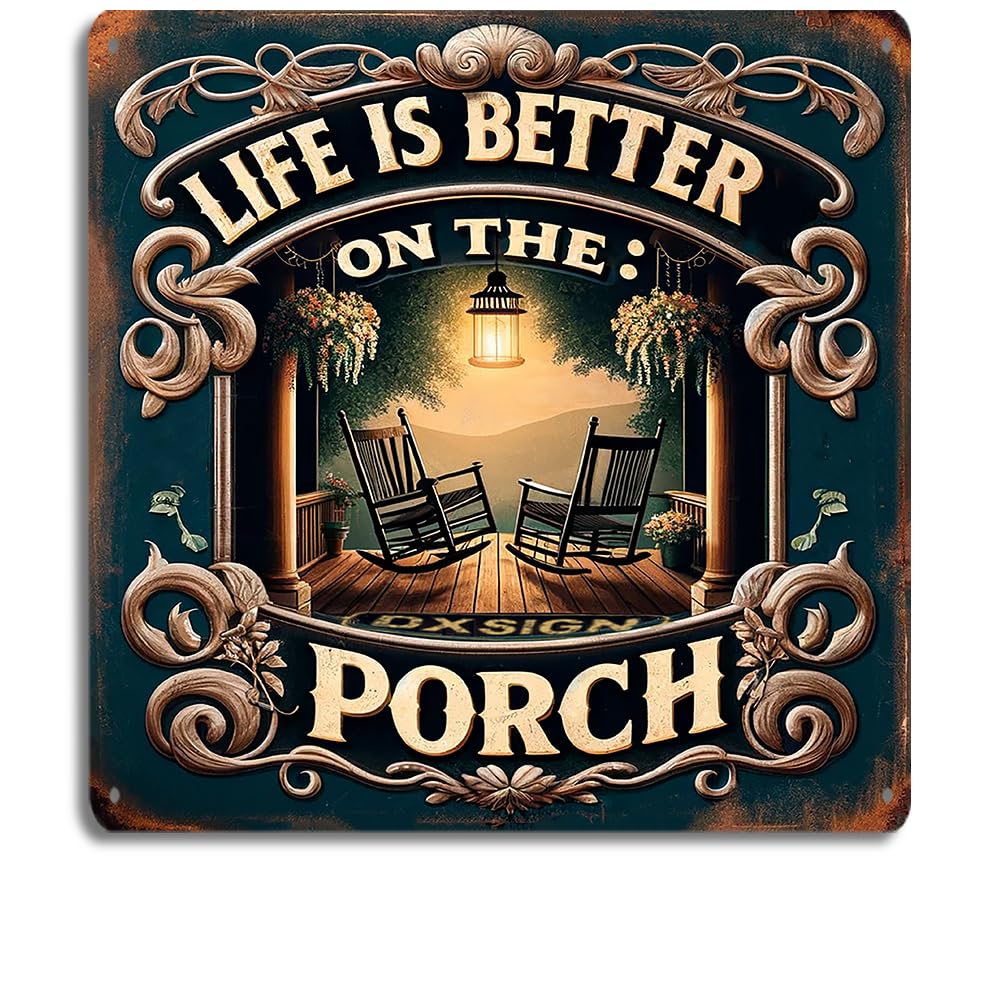 Rustic Elegance Metal Tin Sign - 8x8 inches - 'Life is Better on the Porch' - Classic Porch View with Sunset and Rocking Chairs - Ideal for Home, Cafes, and Outdoor Decor