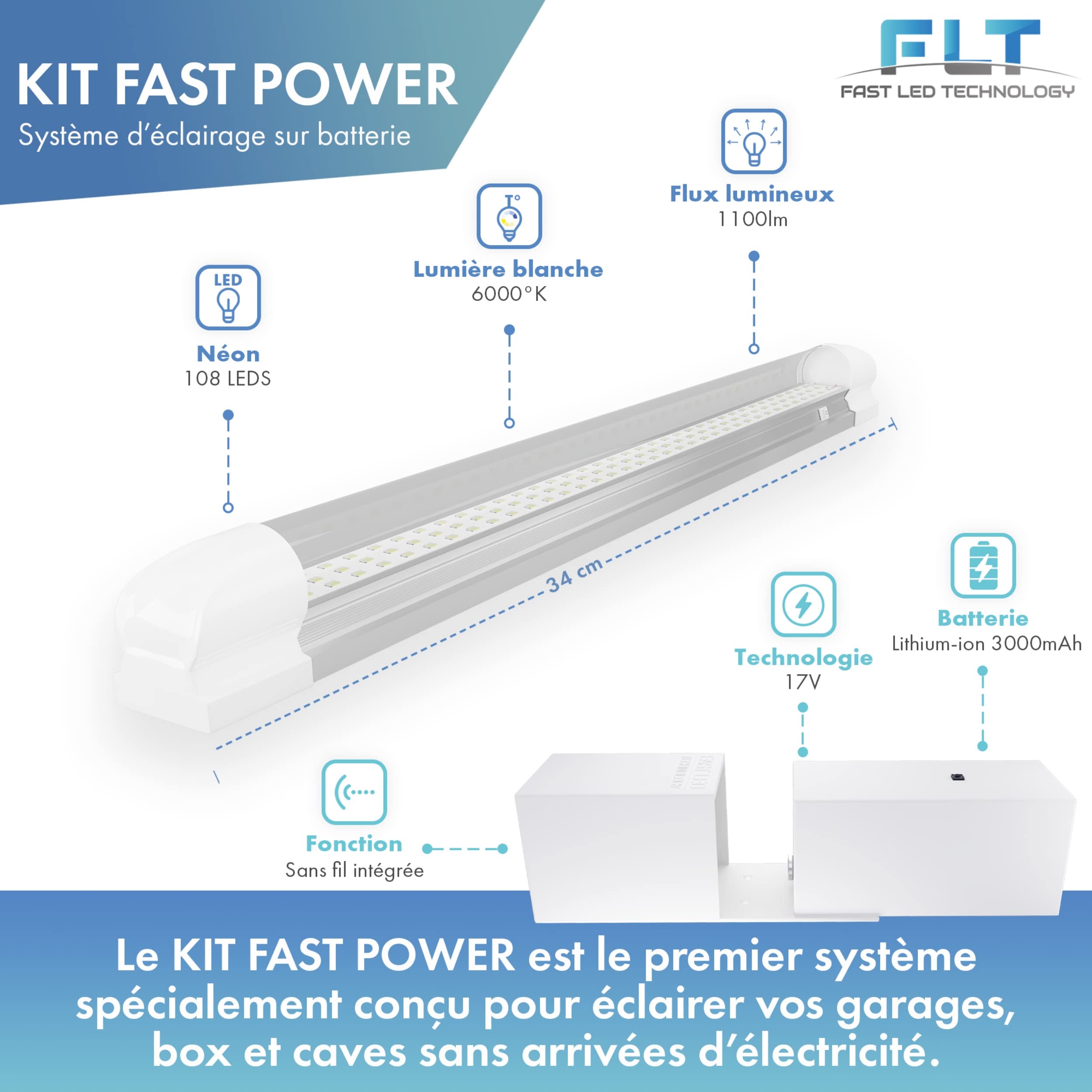 Éclairage led puissant sans fil sur batterie rechargeable pour Garage, Box sous sol, Cave sans électricité - Lampe lumière autonome puissante 2200 lm -Prêt à poser et Sans Travaux - Autonomie 3h30