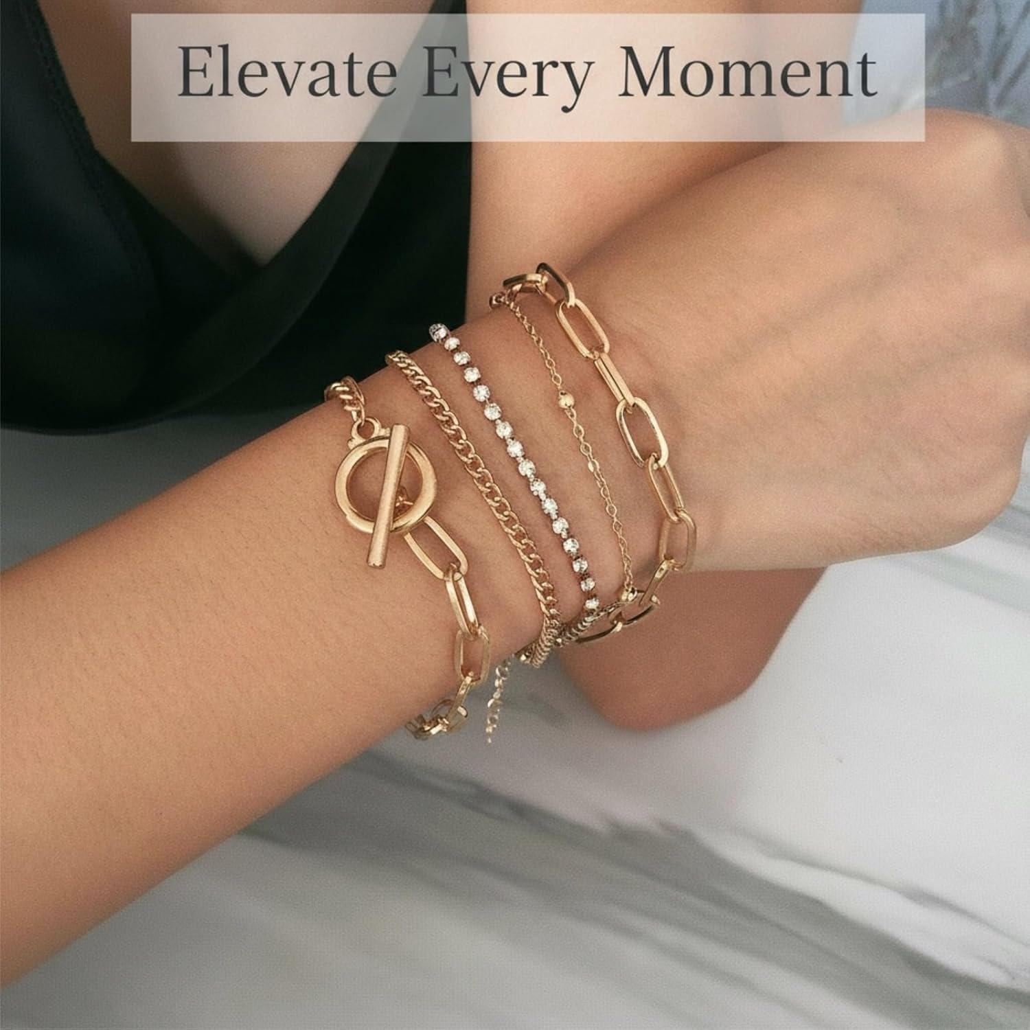 14K Gold Plated Layered Bracelet Set for Women, Boho Stackable Crystal Link Chain Bangles, Stacked Gold Bracelets Elegant Jewelry Gift for Wedding, Anniversary, Birthday - Image 2