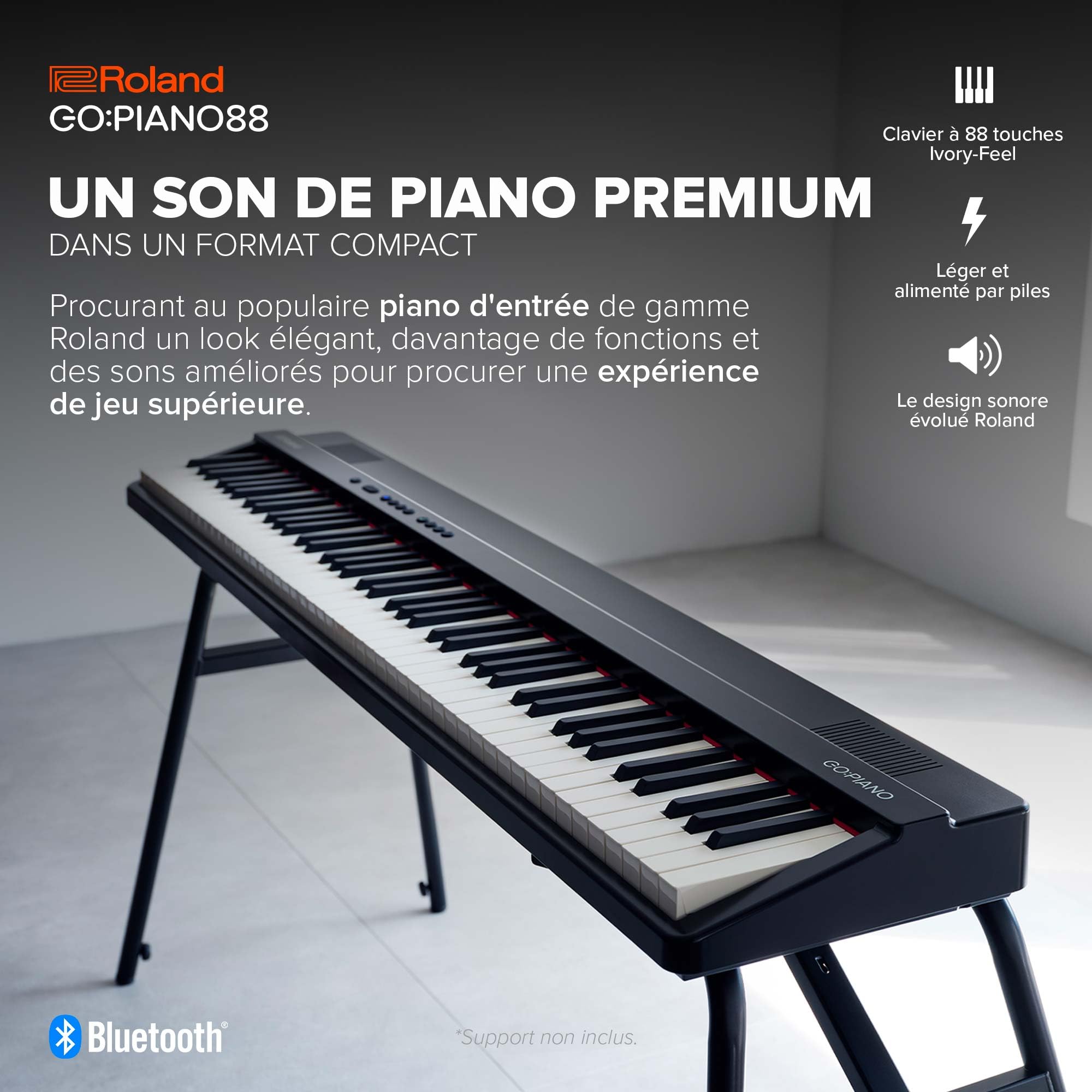 Roland GO:PIANO88 | Piano numérique portable 88 touches | Performances premium | Léger | Fonctions d’apprentissage puissantes | Piles | Bluetooth & MIDI