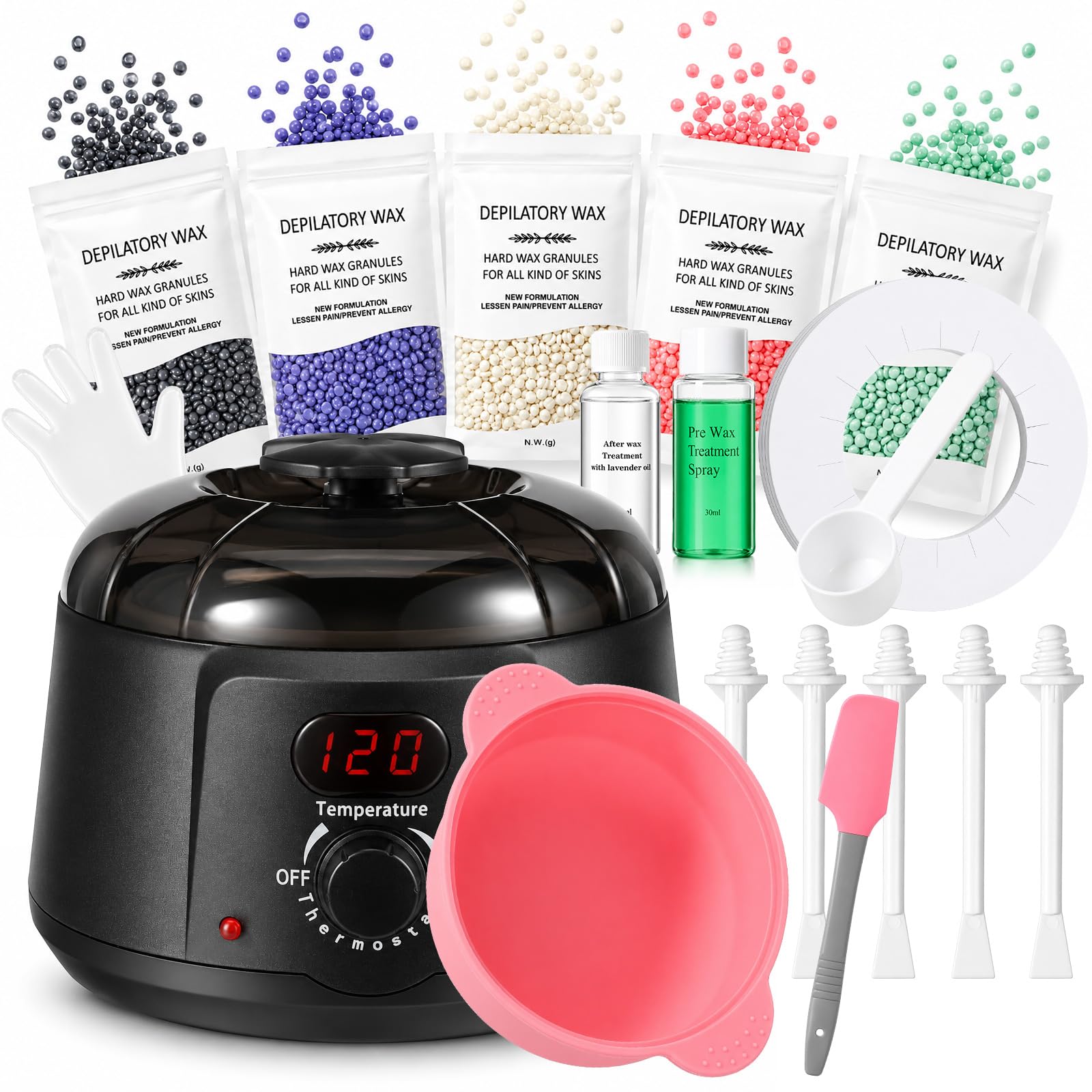 35PCS Calentador de Cera Depilatoria Maquina Cera Caliente Depilacion con Visualización Temperatura en Casa Calentador Cera Depilatoria para Eliminar Vello Zona Intima Piernas Axilas Faciales