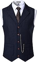 JEMITOP Men's Vintage Slim Fit Herringbone Suit Vest with Chain - Formal Prom Party Waistcoat