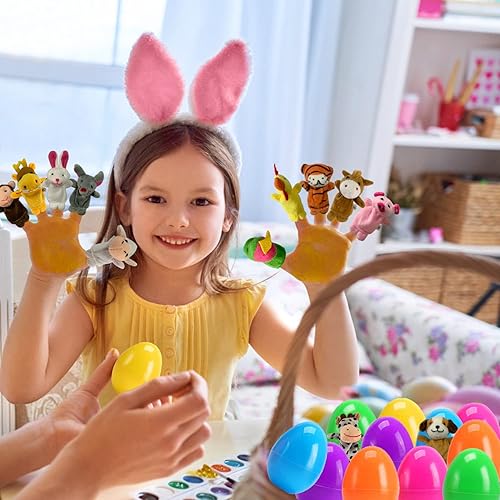 Miniatura 7 de Paquete de 12 huevos de Pascua rellenos con marionetas de dedos de animales, rellenos de cesta de Pascua, regalos sorpresa de Pascua, juguetes de