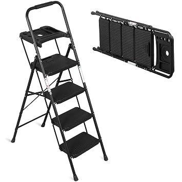 4 Step Ladder with Tool Tray, Folding Step Stool with Wide Anti-Slip Pedal and Handgrip, Heavy Duty Steel Step Ladder for Home Kitchen Office Shop, 330 lbs Load Capacity, Black