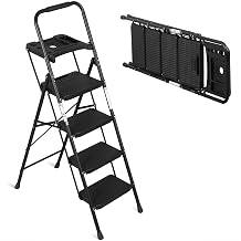 4 Step Ladder with Tool Tray, Folding Step Stool with Wide Anti-Slip Pedal and Handgrip, Heavy Duty Steel Step Ladder for Home Kitchen Office Shop, 330 lbs Load Capacity, Black