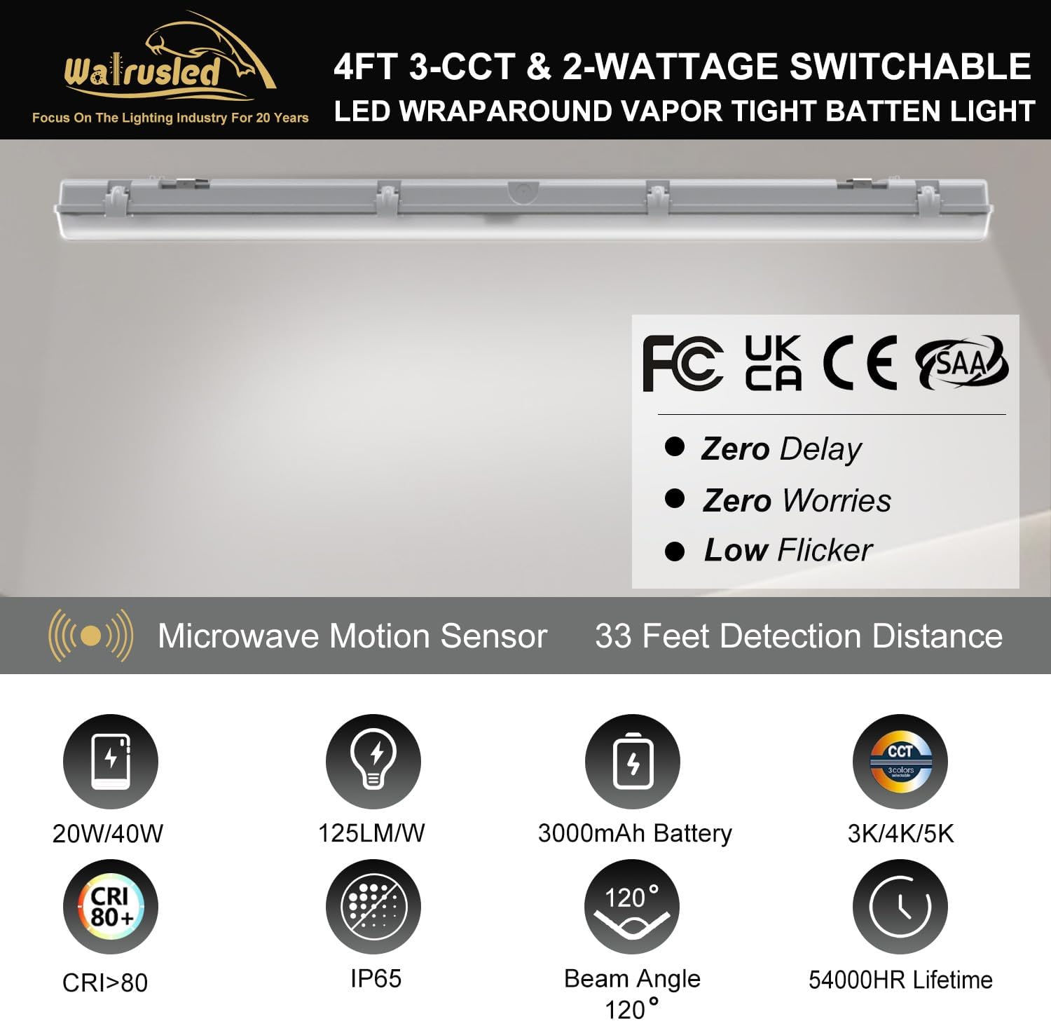 4FT LED Vapor Tight Emergency Light, Battery Backup, Tri-Level Motion Sensor,IP65 IK08, 20W(2500lm)/40W(5000lm), 3/4/5000K CCT, Dimmable, Outdoor Waterproof Shop Light,Vapor Proof Lighting Fixture,FCC