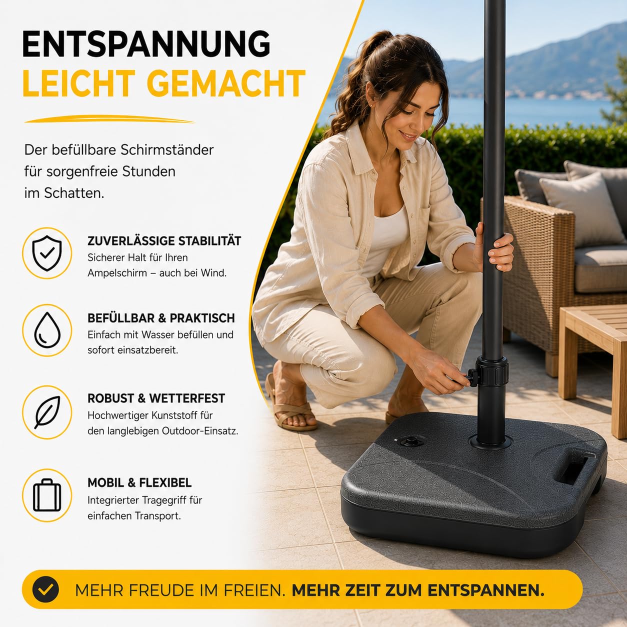Sonnenschirmständer für Ampelschirme – befüllbare Schirmgewichte für Bodenkreuze aus Kunststoff - Schirmständer für Sonnenschirm - Ampelschirmständer (Einteilig bis 30 kg, Kunststoff)