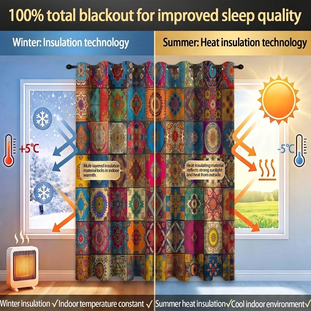 Rideau Occultant De 2 Pièces Motifs Indiens Traditionnels Bloqueur Lumière Rideaux Thermiques Isolants Économie D'Énergie 150L X 280H cm Polyester Rideaux Phonique Salon Chambre Balcon Coloré