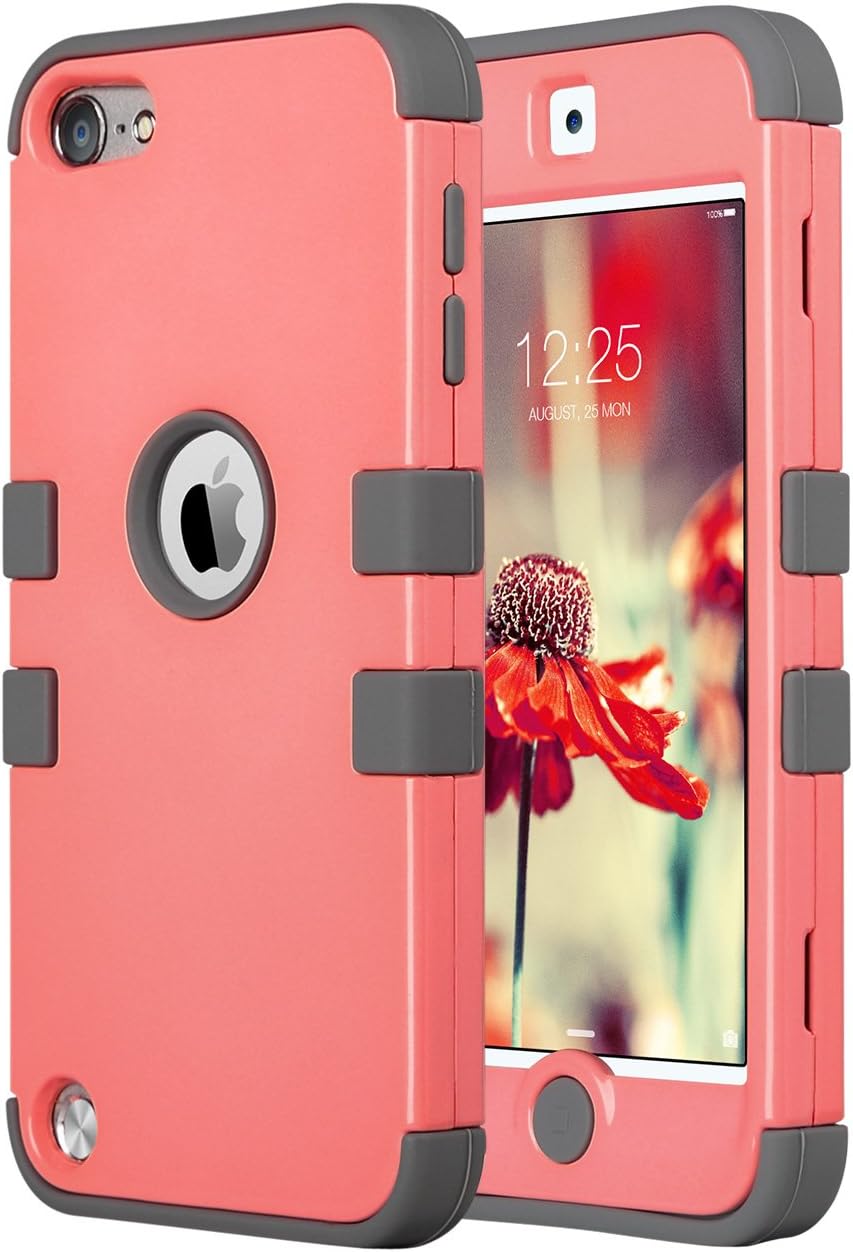 iPod Touch 6 Case,iPod Touch 5 Case, ULAK Anti Slip Anti-Scratch iPod Touch Case Shockproof Protective Cover with Hybrid High Soft Silicone + Hard PC Case (Coraly Pink + Gray)
