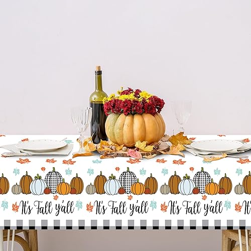 Miniatura 4 de Buryeah 3 manteles de plástico desechables de Acción de Gracias y otoño, mantel de arce a cuadros de calabaza, 51 x 86.6 pulgadas, rectangular, para