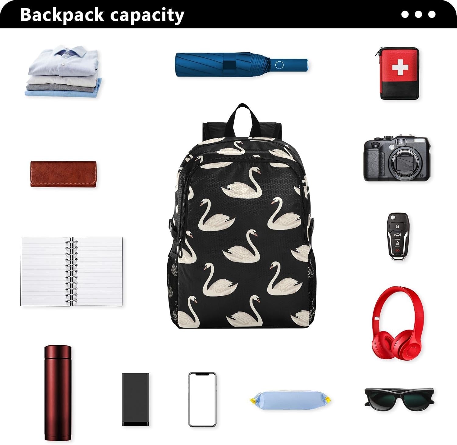 Travel Hiking Daypack Foldable Packable Backpack Waterproof Lightweight Casual Rucksuck for Men Women (White Swan)