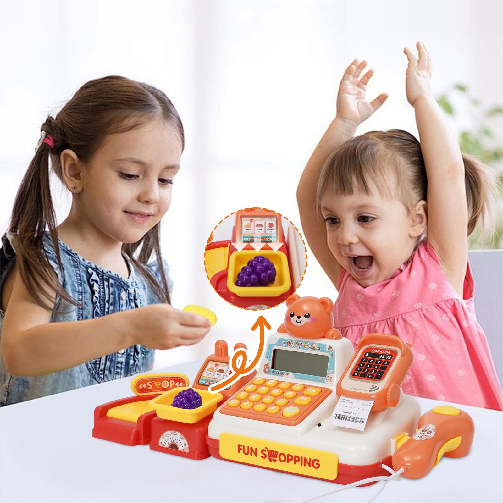 Caisse enregistreuse de Jeu pour Enfants, Mini Caisse enregistreuse Enfants avec Panier à provisions, Caisse enregistreuse Jouet 25 pièces, Accessoires de Magasin Jeu de rôle pour Enfants