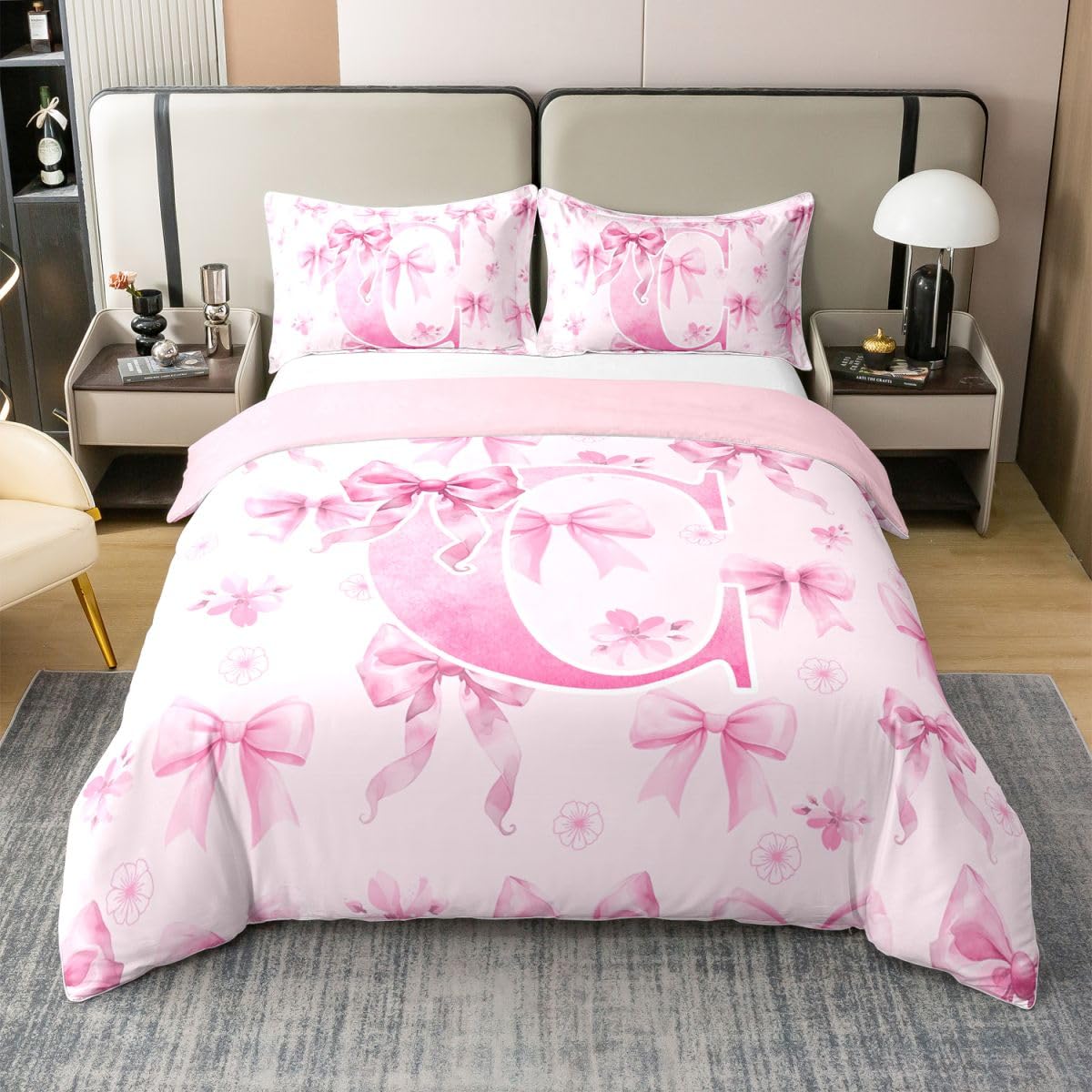 Homewish Początkowa kokarda litera C, akwarela kwiaty wiśni super king zestaw pościeli preppy monogram bawełna poszewka na kołdrę różowa kokardka poszewka na kołdrę zestawy pościeli