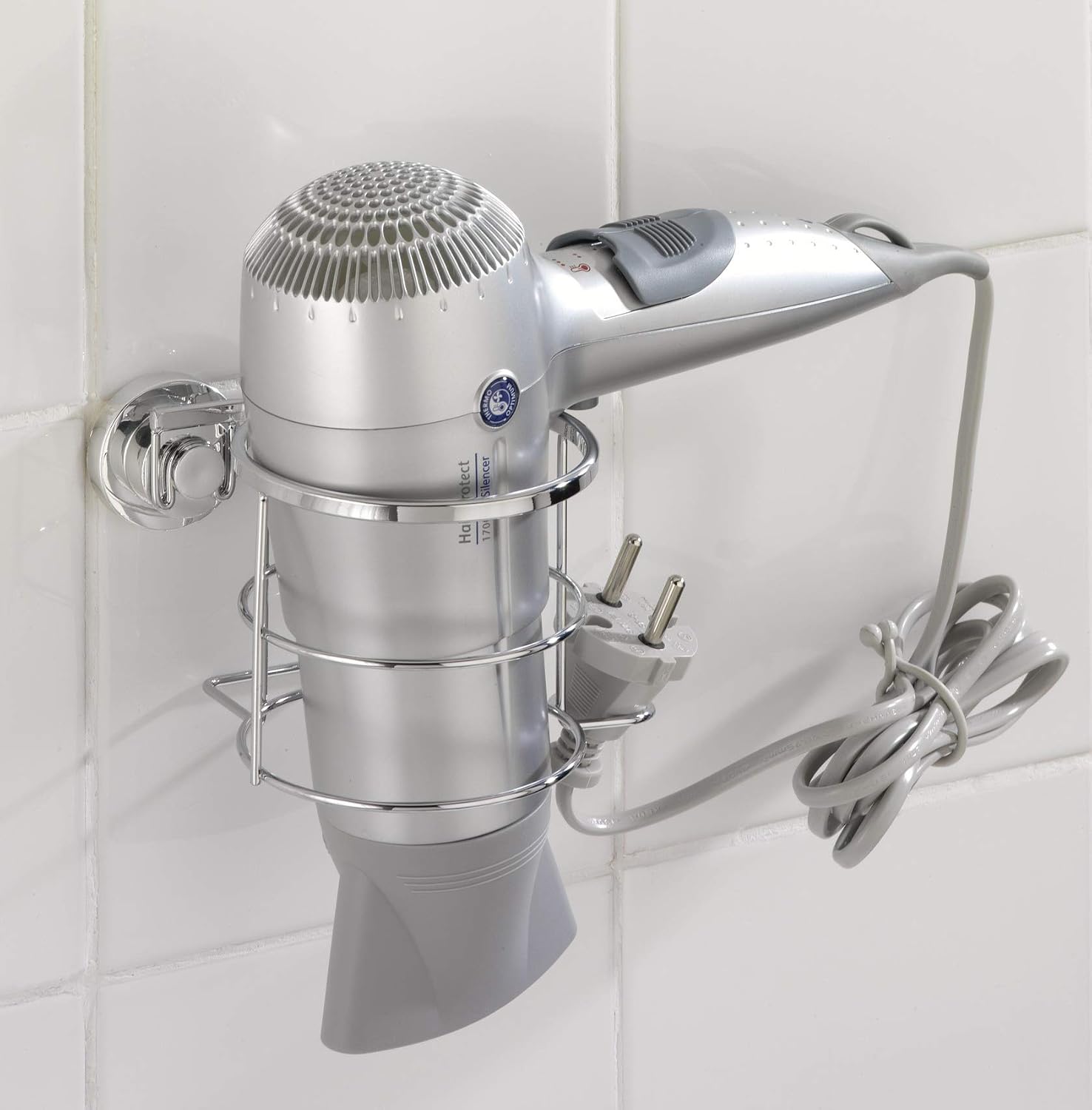 Porte-sèche-cheveux WENKO Vacuum-Loc® Quadro – Inox Brossé 14x7.5x13.5 Cm – Fixation Sans Percer (pompe Incluse)