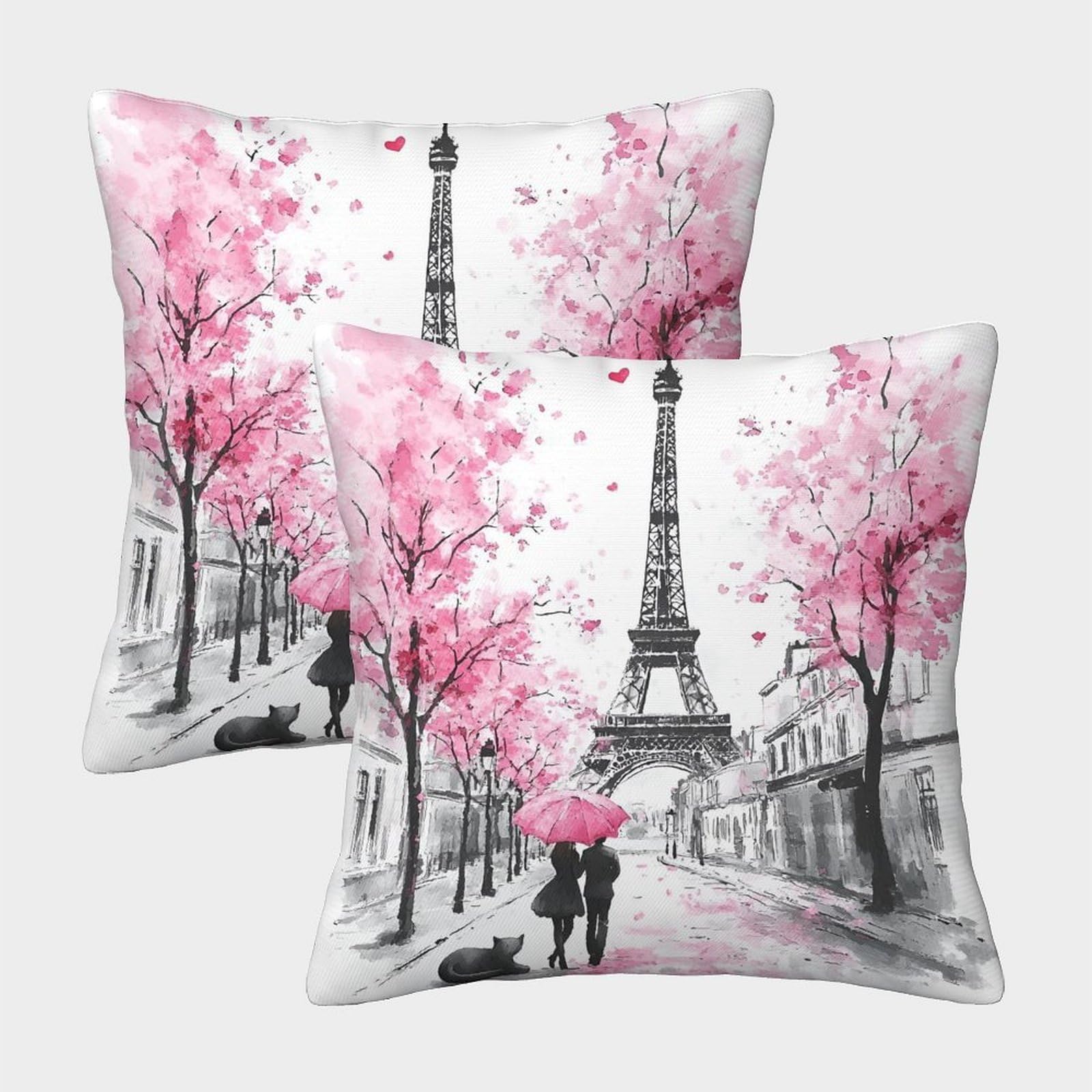 Paris Romance Scene—watercolor Romantic Street_2 Pillow Covers 2 Pack Cozy Pillowcases Art Cushion Case with Invisible Zipper Decorative for Couch Livingroom 45x45cm