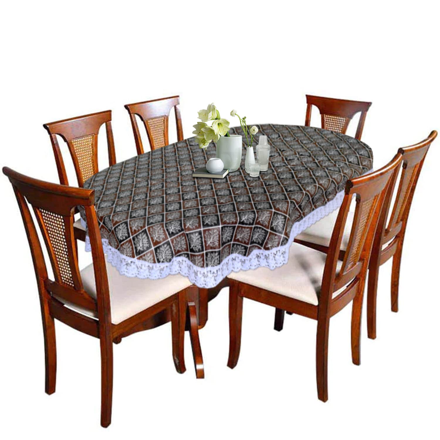 Kuber Industries Leaf Printed Oval Shape PVC Spillproof, Waterproof, Antislip, Wipe Clean 6 Seater Table Cover with White Lace Border, 60"x90" (Brown & Black)