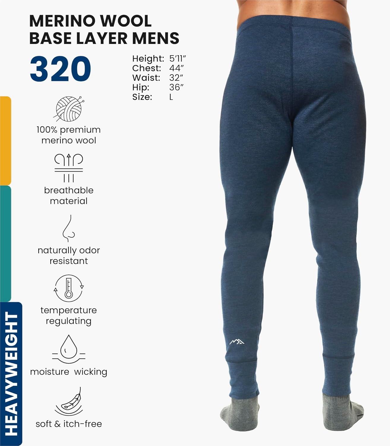 Merino Wool Base Layer Mens Bottom Pants 100% Merino Wool Heavyweight, Midweight, Lite Thermal Underwear Long Johns and Socks