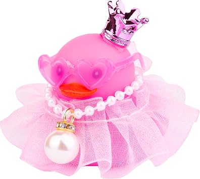 Rubber Duck Car Ornament, Whimsical Pink Heart-Shaped Dashboard Decoration with Mini Crown, Skirt, Necklace, Glasses