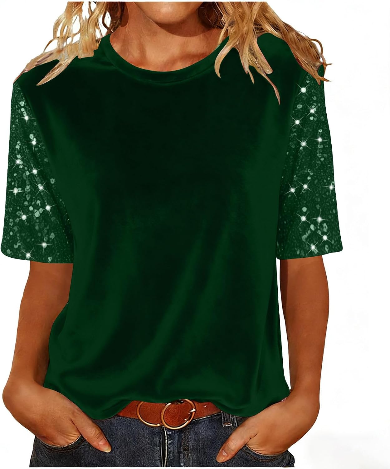 Women's Sparkly Velvet Tops Elegant Crew Neck Half Sleeve T Shirts Spring Dressy Casual Blouses