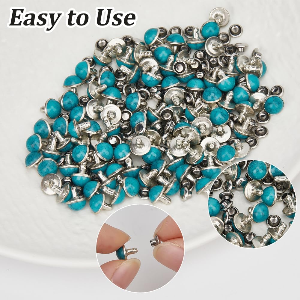 200 Sets 8.5mm Green Turquoise Rivets Studs with Nails DIY Leather Brass Mushroom Flat Tandy Back Rivets Nailhead Screw Back Spike Studs for Belt Boots Jacket Garment